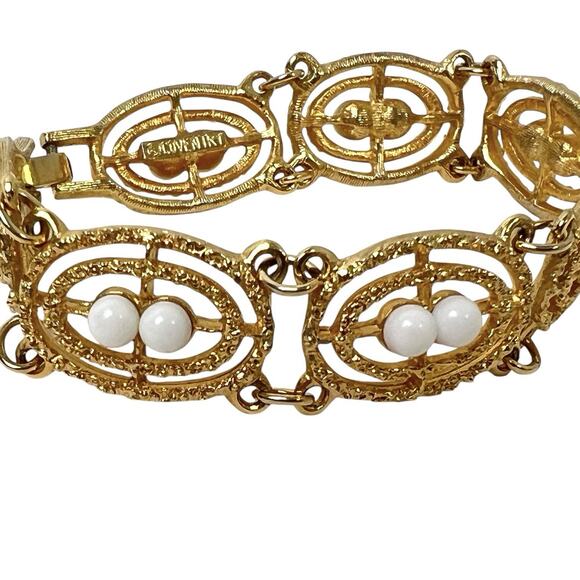 Sarah Coventry Gold Tone Bracelet Soft Swirl Textured Links White Beads Openwork - Picture 4 of 10